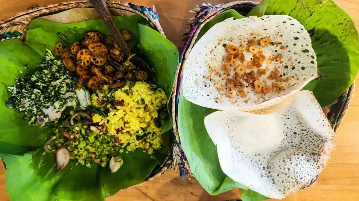 Sri Lankan Vegan Rice & Curry and Hoppers on Lotus Leaves