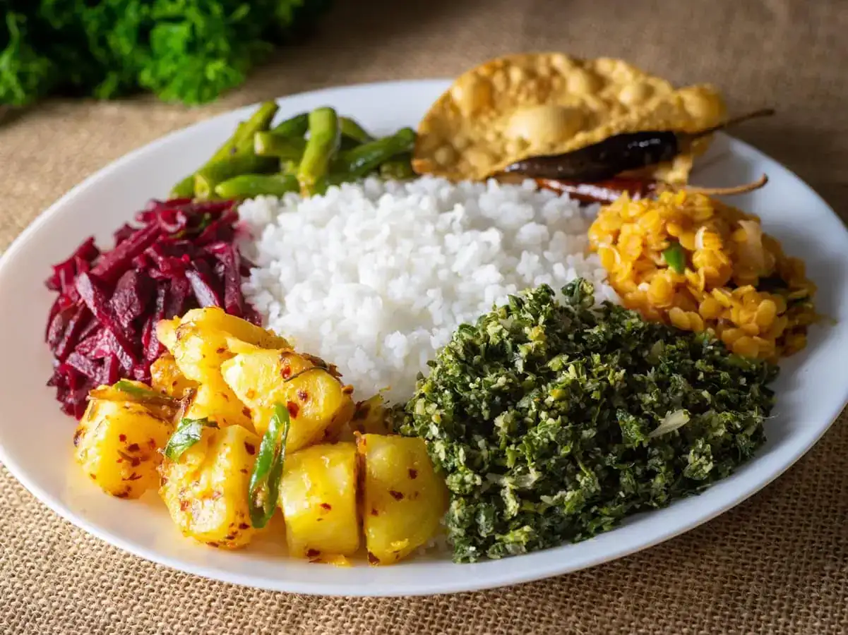 Sri Lankan rice and curry with several traditional curries
