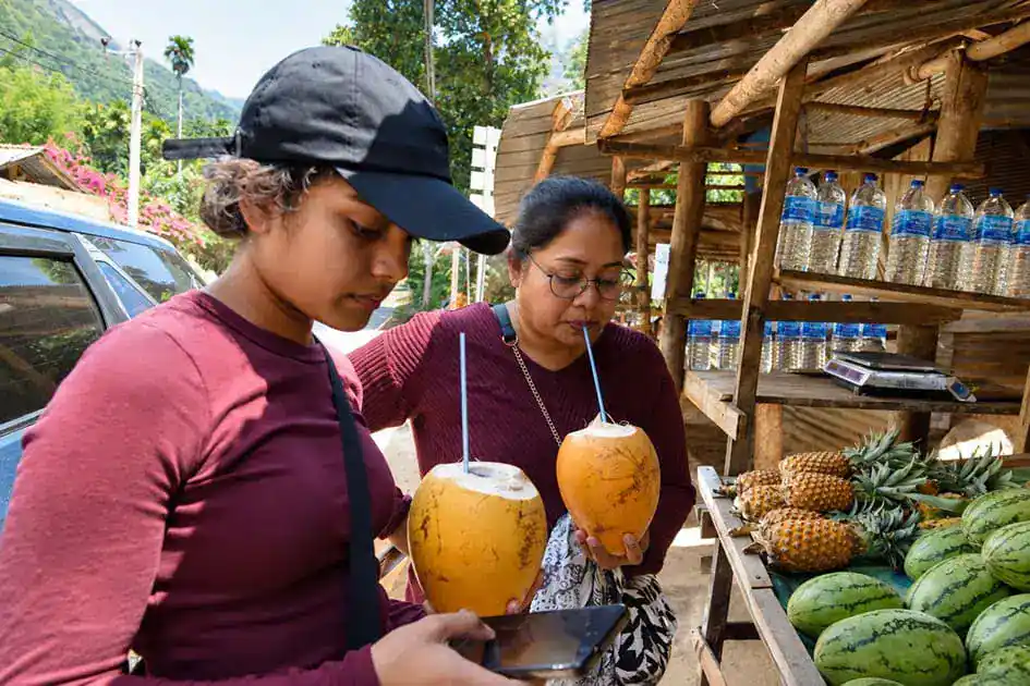 Drinking King Coconuts at A Road-side Fruit Stall in Ella