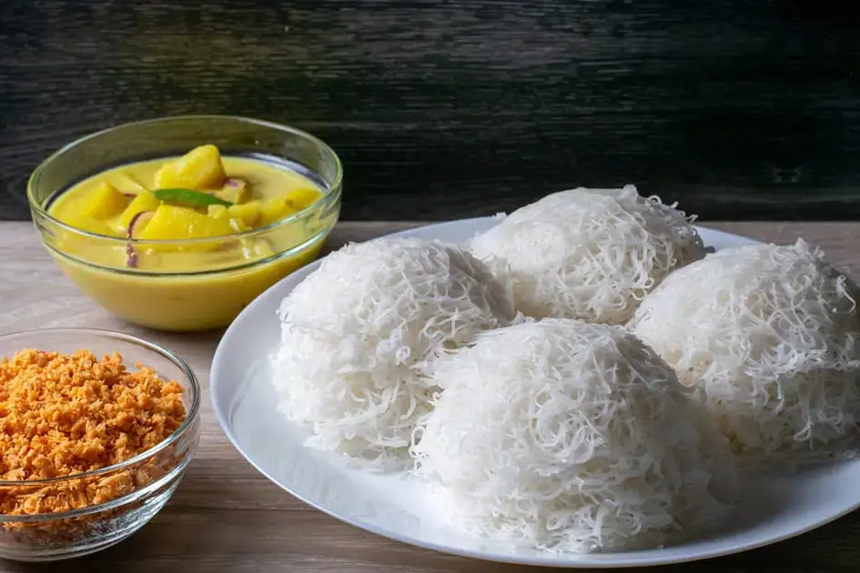 String Hoppers with Potato Curry and Pol Sambol