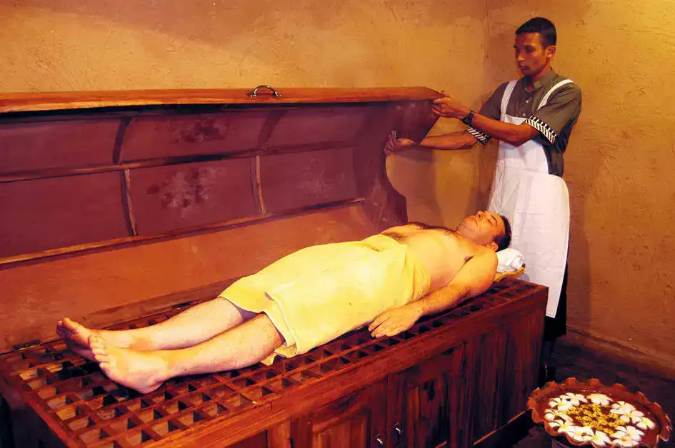 Traditional Ayurvedic wooden steam-chamber treatment